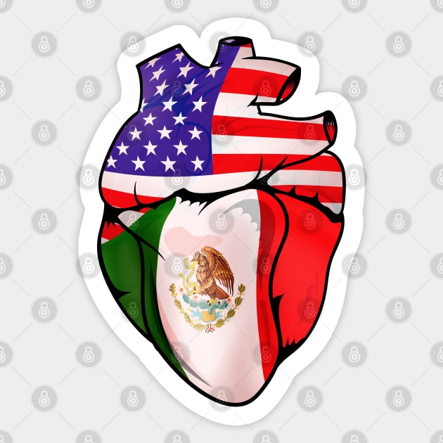 Mexican American Split Anatomical Heart With Flags Sticker by Biped Stuff